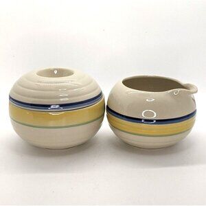 Epoch Creamer and Sugar Bowl Set Color Band Design Yellow Blue Stripes Korea Vtg